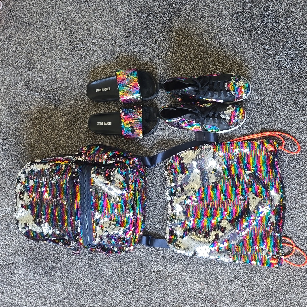 Jcrew, Sequin Crewcuts book bag, carry bag.  Steve Madden Sequin Tennis/Slides